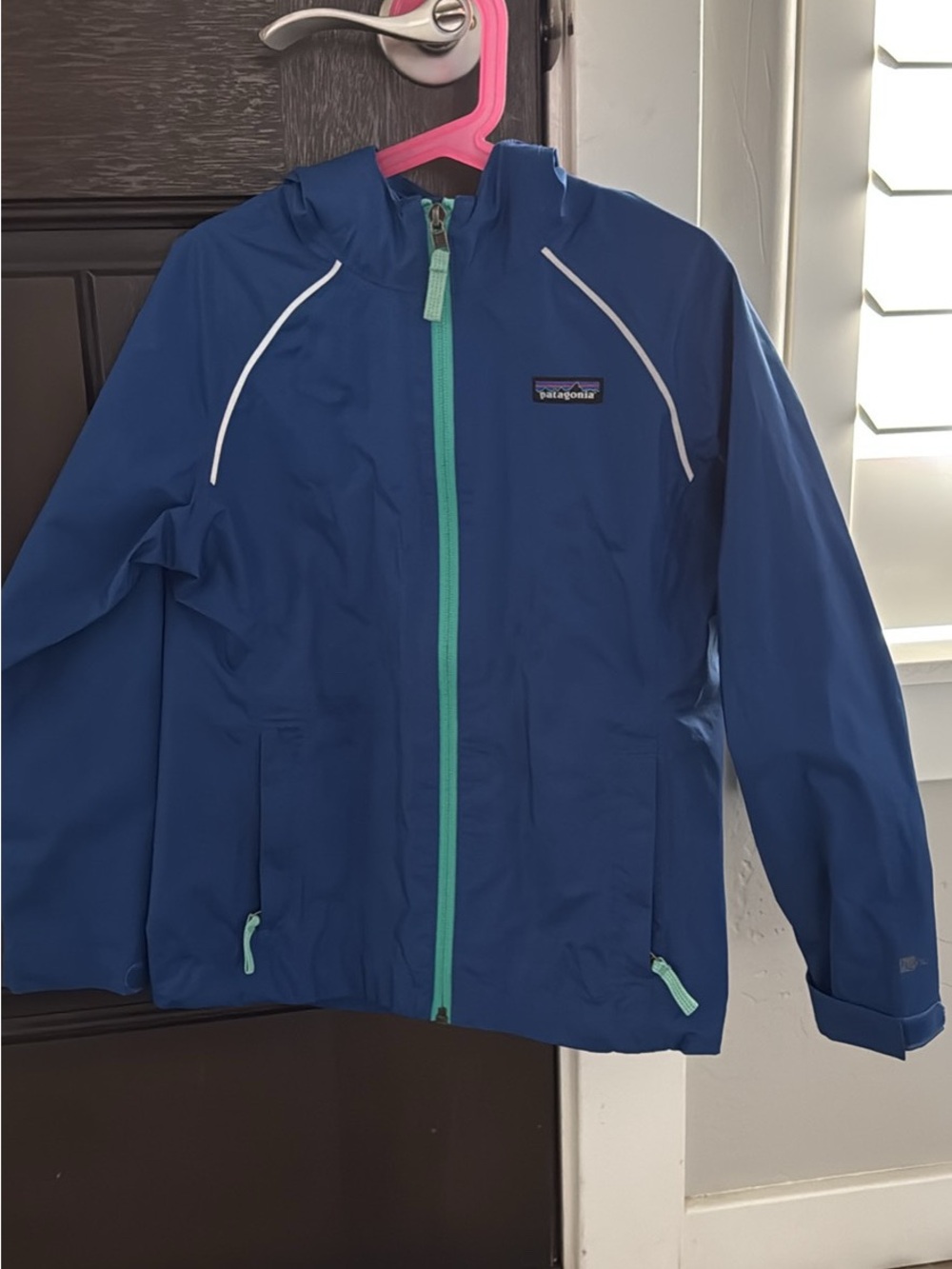 Patagonia Kids Blue Torrentshell Rain Jacket with Mint Accents